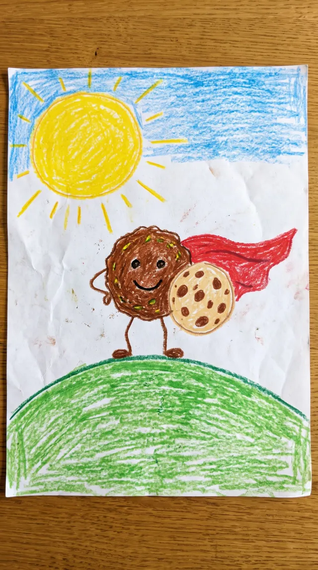 A child's drawing of a falafel ball with a cape