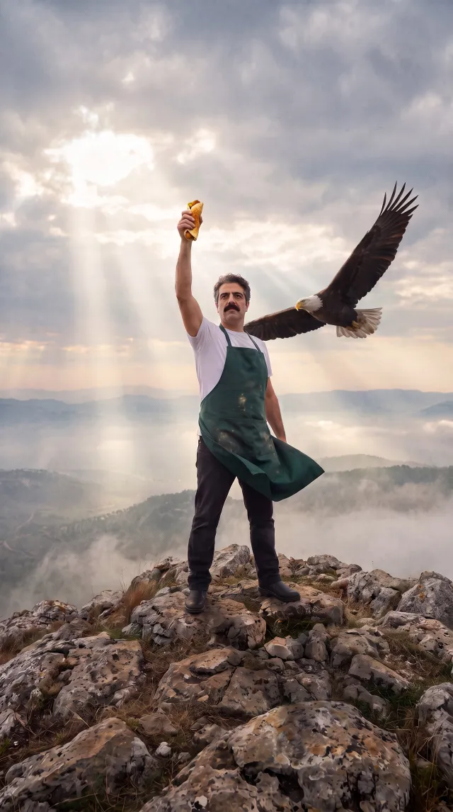 Avi holding a falafel on a summit with an eagle